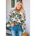 Brown Aztec Striped Knit Ribbed Trim Sweater