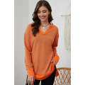 Orange Waffle Knit Patchwork V Neck Long Sleeve Top