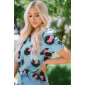 Sky Blue Ruched Short Sleeve Leopard Print Blouse