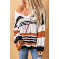 Brown Stripe Color Block Bubblegum V-Neck Braided Knit Sweater