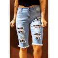 Mid-rise Ripped Leopard Patches Denim Bermuda Shorts