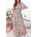 Sky Blue Floral Print Wrap Belted Maxi Dress