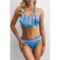 Blue Pink Striped Accent Ruffle Trim Bikini Swimsuit