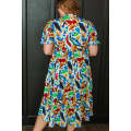 Green Abstract Print Notch Neck Bubble Sleeve Plus Dress