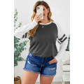 Gray Crewneck Striped Splicing Sleeve Patchwork Plus Size Top