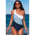 Sky Blue Color Block One Shoulder Backless One-piece Swimwear