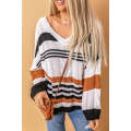 Brown Stripe Color Block Bubblegum V-Neck Braided Knit Sweater