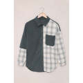 Gray Plaid Color Block Button-up Oversize Corduroy Shirt