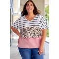 Striped Leopard Color Block Plus Size T-Shirt