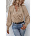 Khaki Solid Surplice Neck Shirred Cuffs Draped Blouse