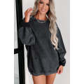 Black Solid Ribbed Knit Round Neck Pullover Sweatshirt