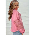 Pink Hollowed Lace Splicing Cropped Sweatshirt