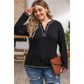 Black Plus Size Contrasting Topstitch Ribbed Henley Top