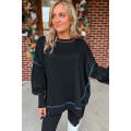 Black Contrast Stitching Split Baggy Sweatshirt