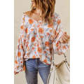 Orange Split V Neck Floral Print Dolman Blouse