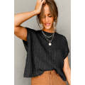 Black Crew Neck Cable Knit Short Sleeve Sweater