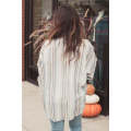 Stripe Oversized Chest Pockets Puff Sleeve High Low Shirt