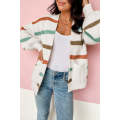 Beige Drop Shoulder Pocketed Stripe Sweater Cardigan