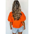 Orange Hollowed Lace Splicing Puff Sleeve Blouse