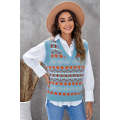 Sky Blue Tribal Print V Neck Knitted Sweater Vest