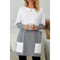 Gray Colorblock Casual Long Sleeve Tunic with Pockets