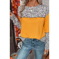 Vitality Orange Leopard Print Waffle Knit Patchwork Top