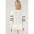 White Striped Ribbed Scalloped Detail Knit Sweater