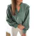 Green Frilled Split Neck Crinkled Shirt