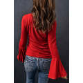 Red V Neck Knit Bell Sleeve Top