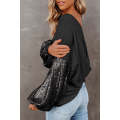 Black Sequin Patchwork Sleeve Open Back Waffle Knit Top