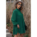 Green Puff Sleeve Mock Neck Back Knot Tiered Dress
