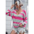 Rose Striped Colorblock Knit V Neck Loose Fit Sweater