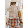 Orange Plaid Color Block Patchwork Shirt Jacket with Pocket