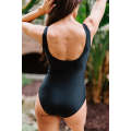 Black Leaves Splicing Ruched Front Open Back One-piece Swimsuit