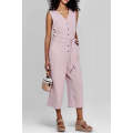 Pink Buttoned Sleeveless Cropped Jumpsuit with Sash