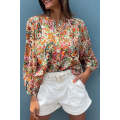 Multicolour Floral Print Lace Splicing Button up Puff Sleeve Shirt