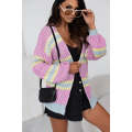 Pink Contrast Striped Open Front Cable Cardigan