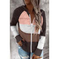 Brown Zipped Front Colorblock Hollow-out Knit Hoodie