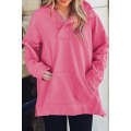 Bright Pink Textured Zipped Neckline Kangaroo Pocket Sweatshirt