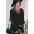 Black Hollowed Lace Splicing V Neck Loose Sweater