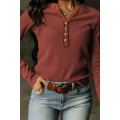 Brown Trimmed Neckline Waffle Knit Henley Top