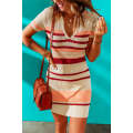 Apricot Striped Ribbed Knit V Neck Bodycon Mini Dress
