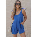 Blue Textured Knotted Straps High Waist Wide Leg Romper