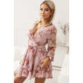 Pink V Neck Baggy Sleeve Waist Tie Double Layer Ruffle Hem Floral Print Short Dress