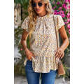 Beige Floral Frilled Collar Ruffled Short Sleeve Blouse