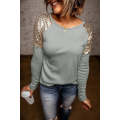 Gray Sequin Shoulder Long Sleeve Top