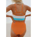 Orange Color Block Spaghetti Strap High Waist Bikini Swimsuit