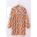 Orange Printed Split Neck Floral Pocketed Shift Dress