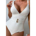 White Ribbed Texture V Neck Cutout One Piece Swimsuit with Belt