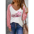 Pink Valentines Flower Car Graphic Striped Long Sleeve Top